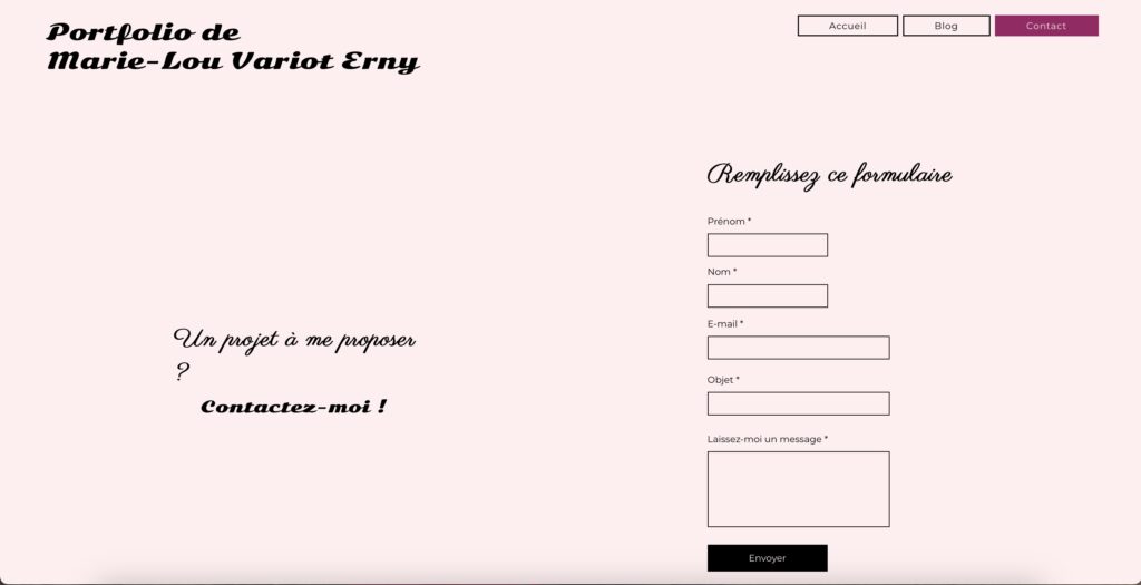 Capture d'écran du formulaire de contact de mon premier Portfolio réalisé sur le CMS Wix, réalisé en DEUST Webmaster.