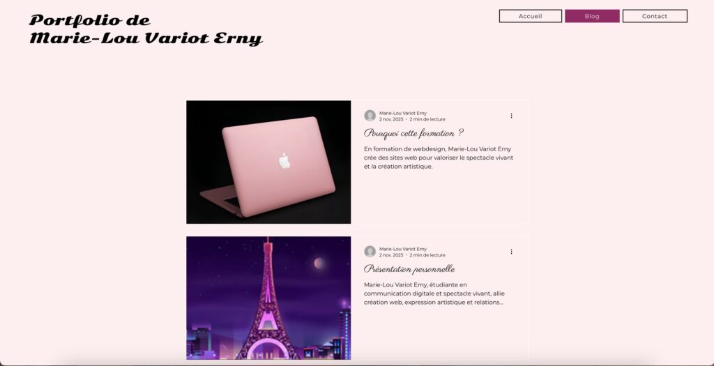 Seconde capture d'écran de la page blog de mon premier Portfolio réalisé sur le CMS Wix, réalisé en DEUST Webmaster.
